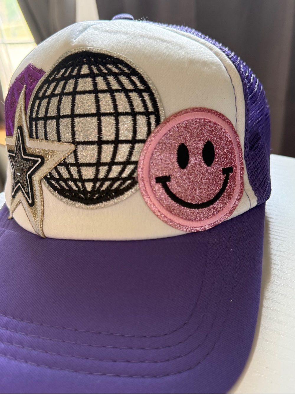 Cheerful & Fun Purple White Patch Trucker Hat with Disco Globe & Smiley - Picture 3 of 5
